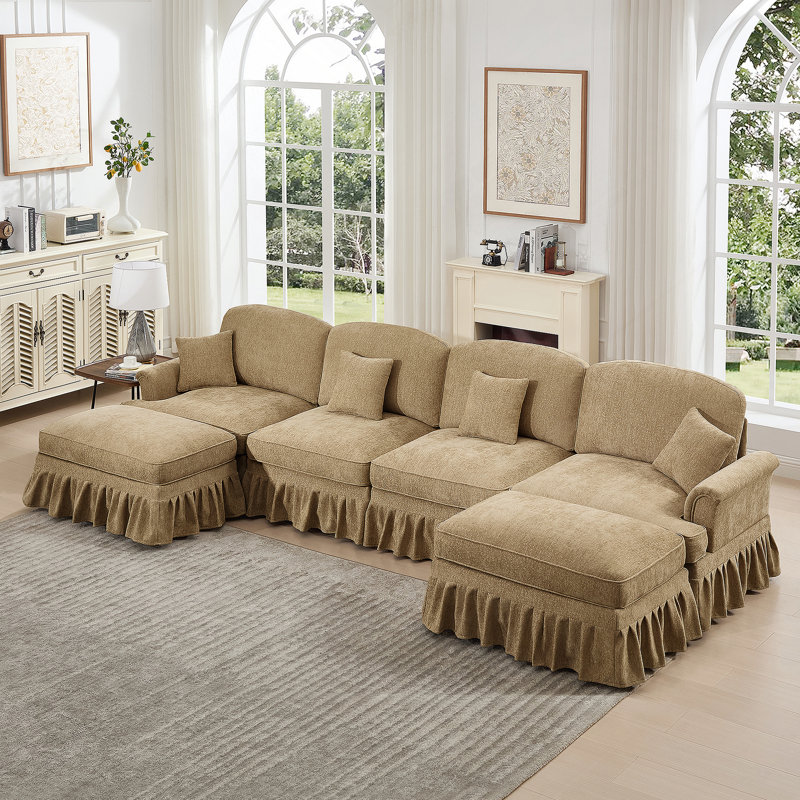 Canapé modulaire classique à 4 places modulaire en U avec accoudoirs évasés et volants amovibles, jupes plissées et pieds fuselés, canapé en nuage à assise profonde en chenille avec repose-pieds mobiles