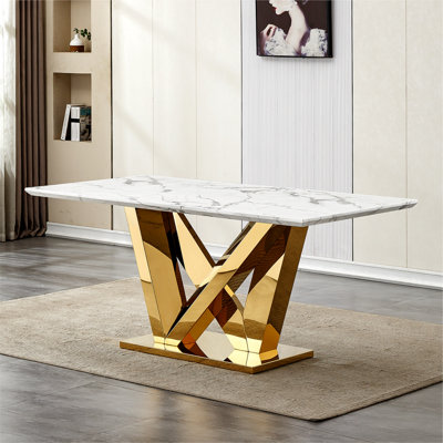 Marble Dining Table for 6 People, 70'' Rectangle Faux Marble Dining Table with Mirrored Finish Stainless Steel Base, Modern Large Size Marble Kitchen