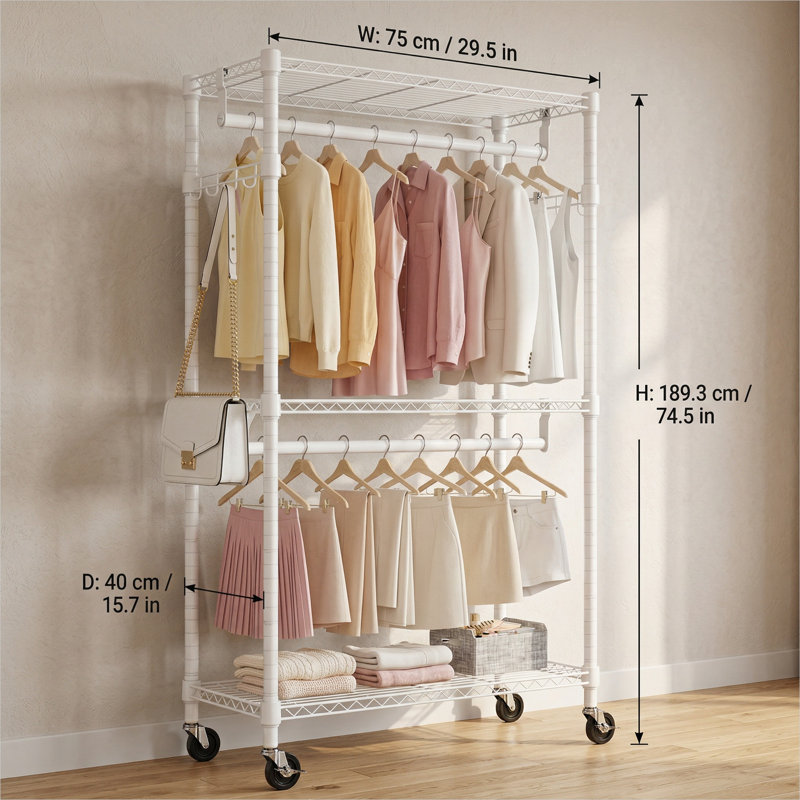 Classic white 3-tier adjustable rolling garment rack for indoor clothing storage, carbon steel construction with hanging rods and side hooks