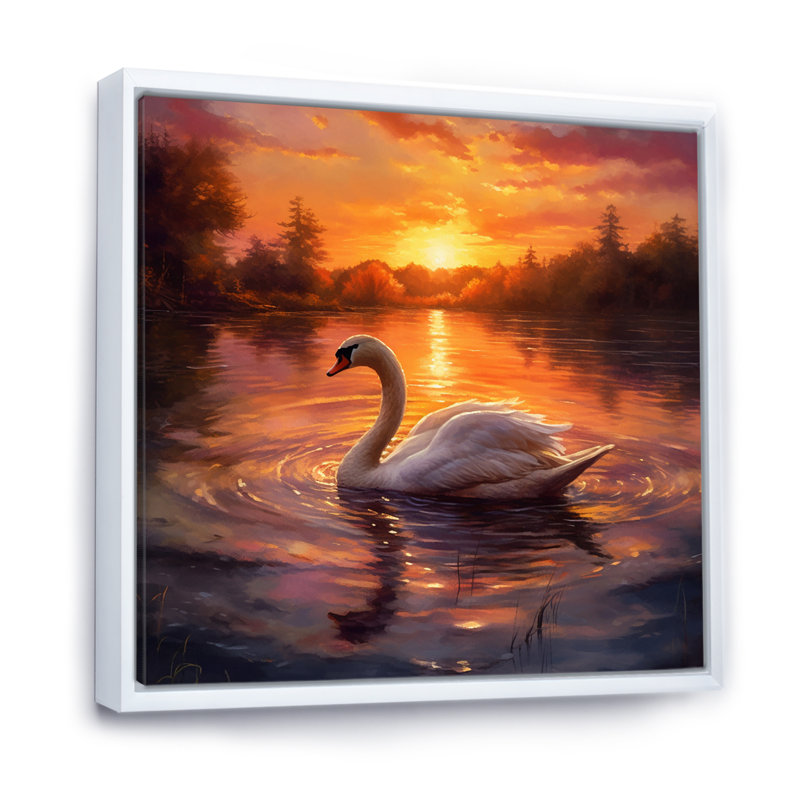 Cygne blanc, coucher de soleil romantique, H 36 po x l 36 po x P 1,5 po, Cadre flottant blanc