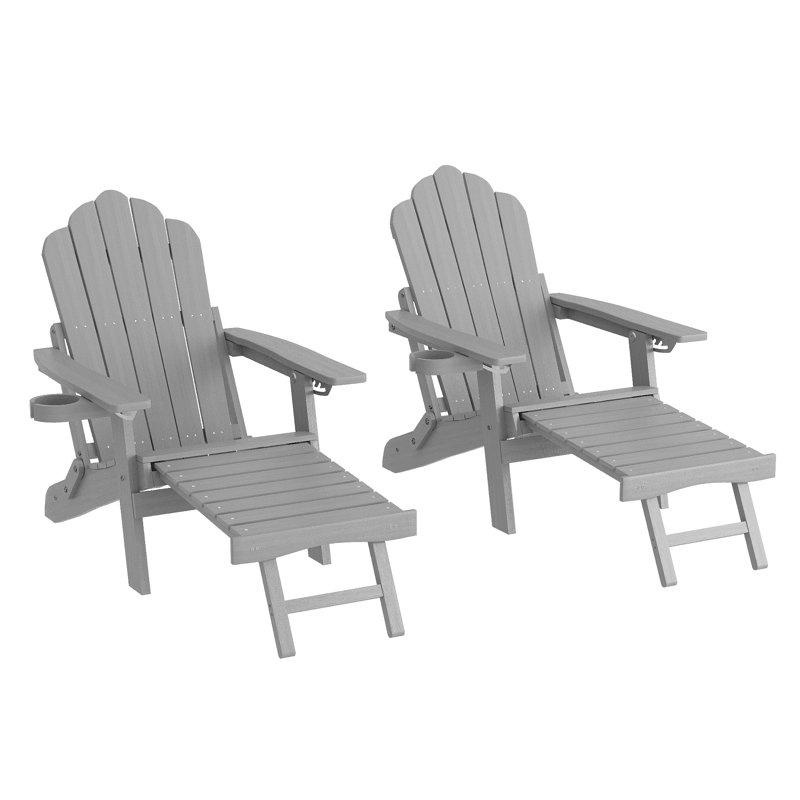 2pcs Folding Adirondack Chair with Retractable Ottoman and Cup Holder Adjustable Adirondack Chair with Footrest Set