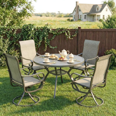 Ensemble de salle à manger de patio 5 pièces pour 4, 4 chaises pivotantes et table ronde en métal de 42 po avec trou pour parasol