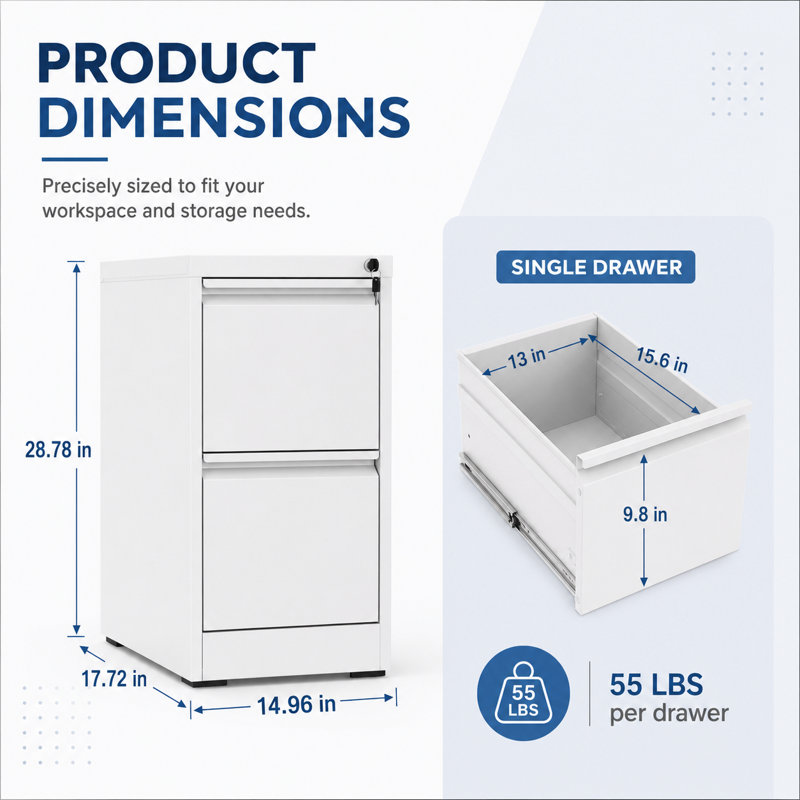 2 Drawers Metal Vertical File Cabinets with Lock-Durable for Home & Office., White