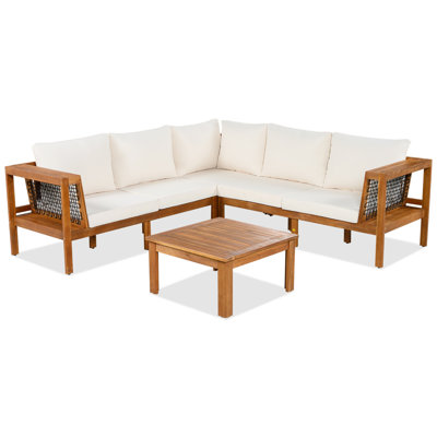 Ensemble de meubles de patio en bois d'acacia en forme de L 4 pièces, canapé d'extérieur avec accoudoirs en filet tissé, ensemble de sièges résistant aux intempéries avec table basse, coussins moelleux beiges et table d'appoint, finition de ton de teck pour terrasse de jardin