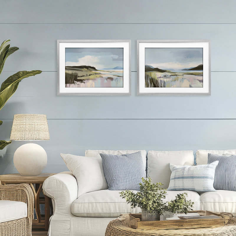 Ensemble de 2 impressions encadrées sous verre Verdant Coastal Waters, design par Elara Yasna, H 17 po x l 23 po