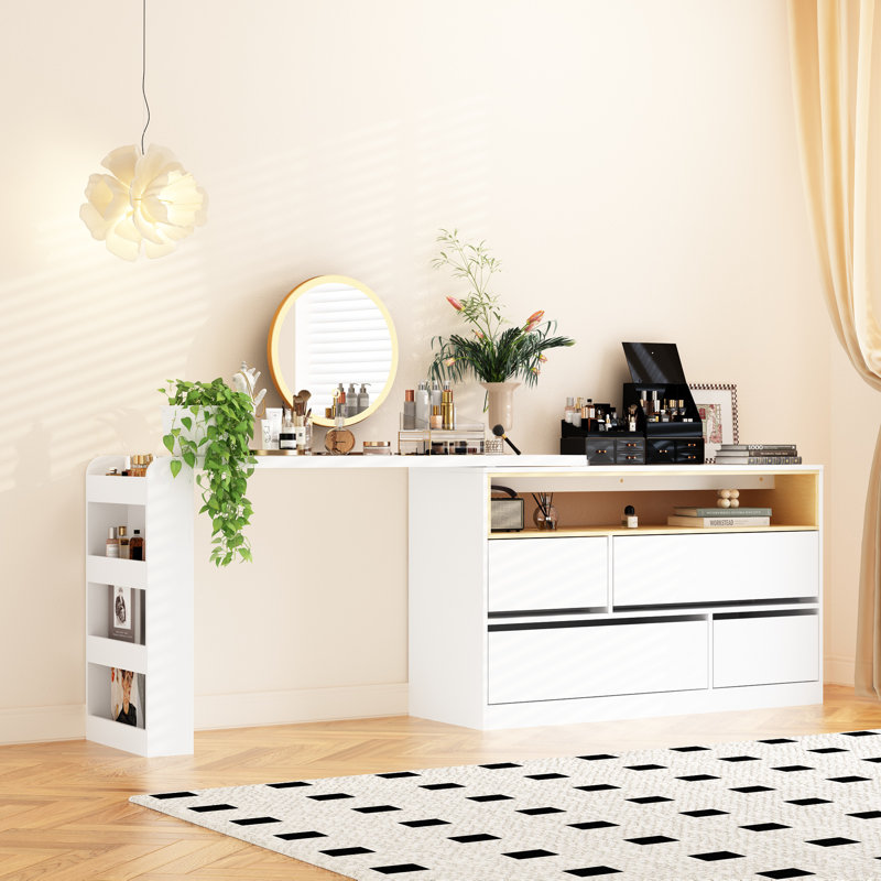 Ballal 4 Drawer Convertible Vanity Table with Side Shelves, White