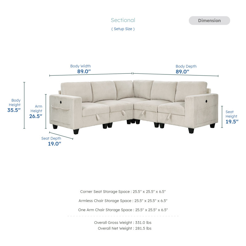 Skrzypek Square Arms Sectional with Storage, Beige Corduroy