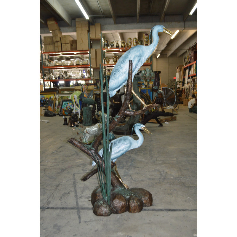 Large Bronze Heron Fountain Statue with Green Patina Finish