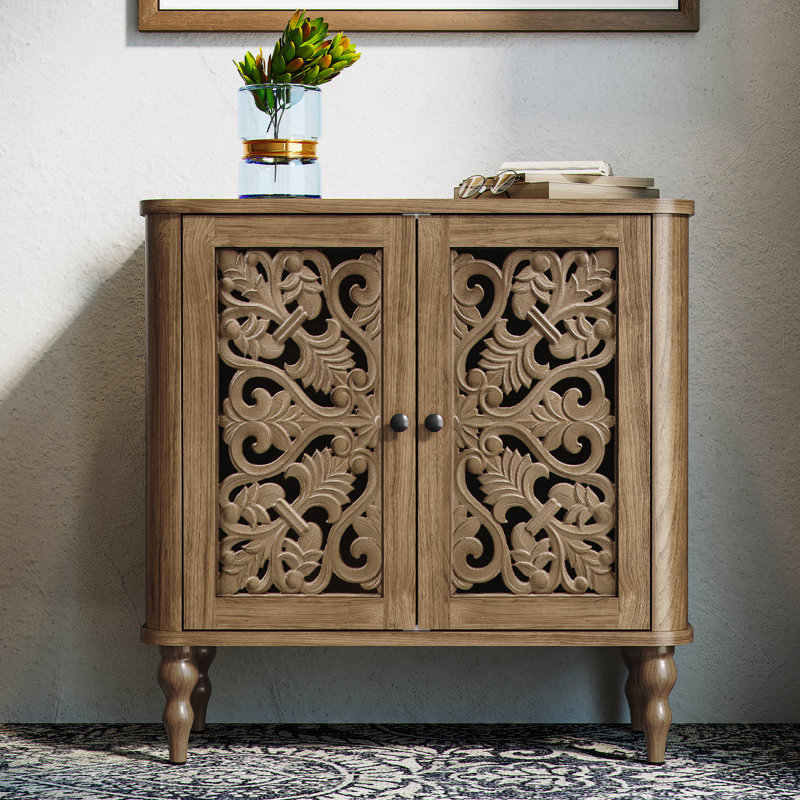 31.5" Vintage Carved Sideboard Cabinet with Adjustable Shelves and Solid Wood Legs, Walnut, Brown