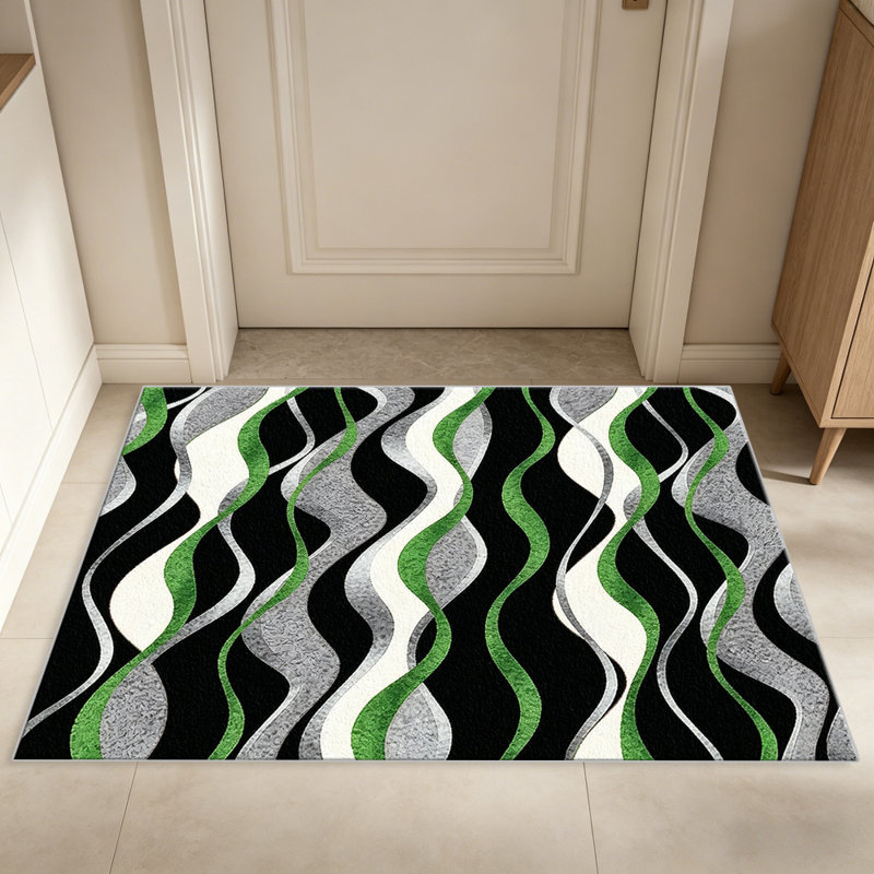Green Black Wavy Stripe carpet-easy to clean, machine-washable, soft and comfortable; suitable for door mats, kitchens, living rooms, bedrooms, corridors, and laundry areas. Easy to clean, durable carpet for home decoration.
