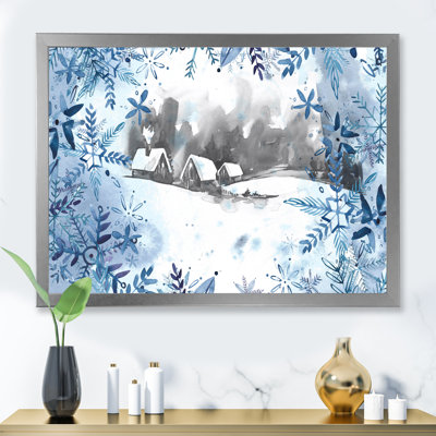 Paysage de Noël d'hiver en bleu, blanc et gris - Peinture sur toile