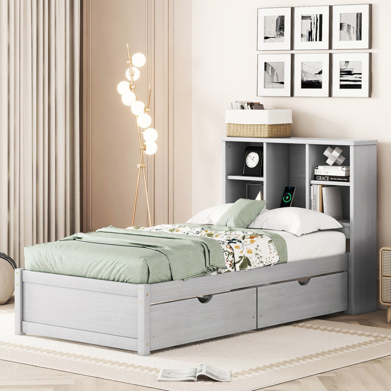 Lit simple avec rangement élégant, 2 tiroirs et tête de lit bibliothèque attrayante, Gris