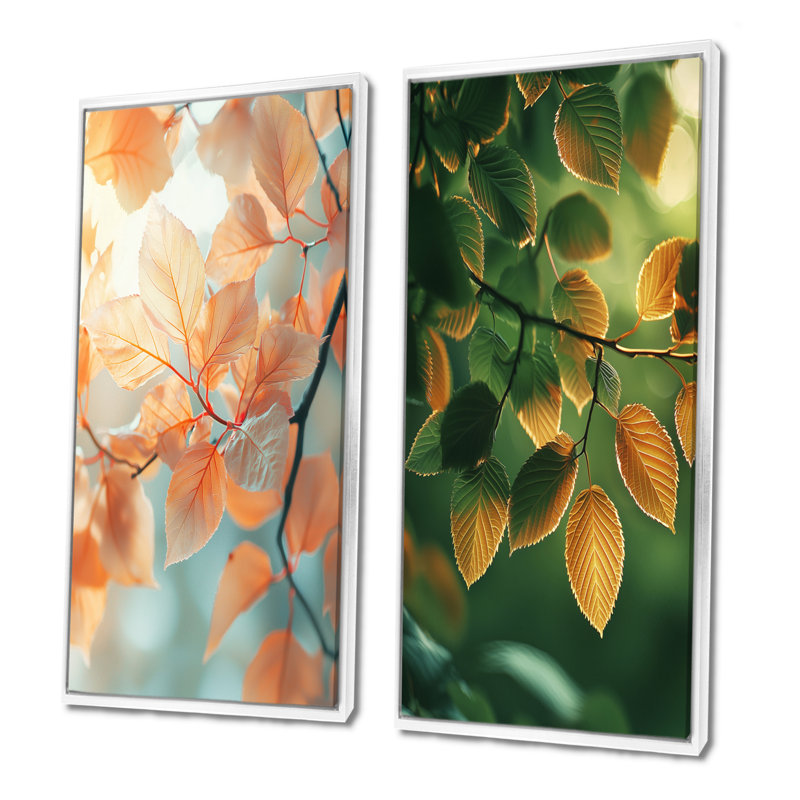 Feuilles ensoleillées I - Art mural floral 2 panneaux, H 28 po x l 25 po, Cadre flottant blanc