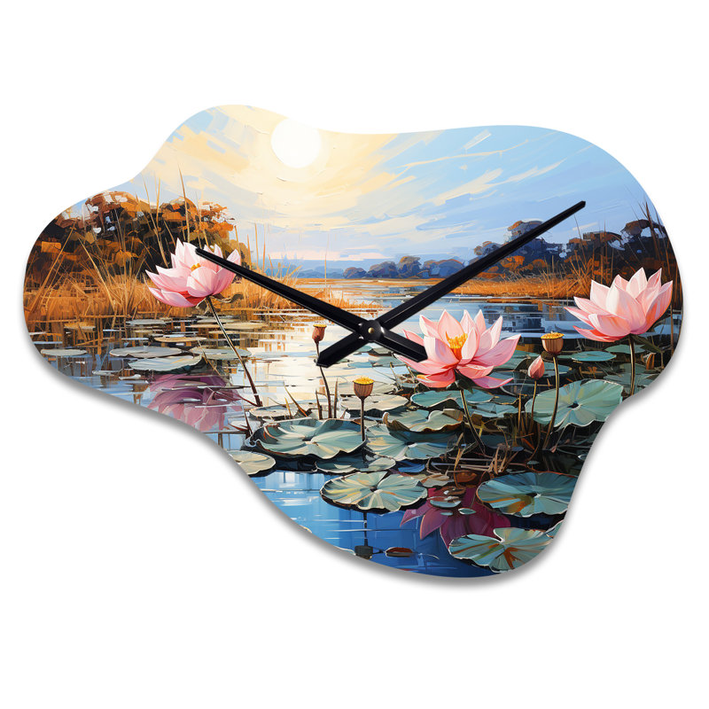 Asian Art Lotus Lake - Art asiatique, forme irrégulière, horloge murale en métal, impression d'horloge asymétrique rose