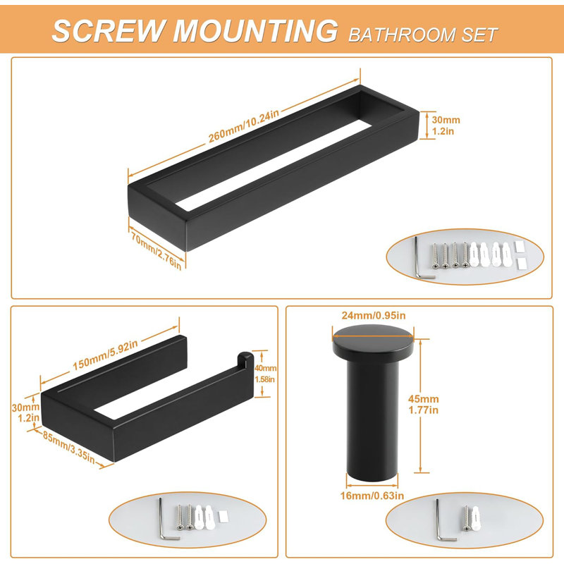6-Piece Bathroom Hardware Set, Stainless Steel Towel Bar, Toilet Paper Holder & Wall Mount Hooks, Modern Matte Black Finish, Durable And Rust-Resistant