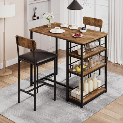 Ensemble de salle à manger comptoir 3 pièces pour 2 personnes, rangement à 3 niveaux et tabourets de bar, brun