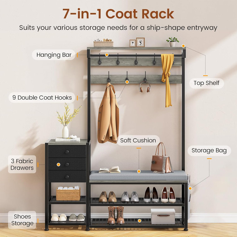 Hall Tree With Bench And Shoe Storage,7-in-1 Entryway Bench With Coat Rack, Hall Tree With Storage Bench, Hangrod And 9 Hooks, Rustic 