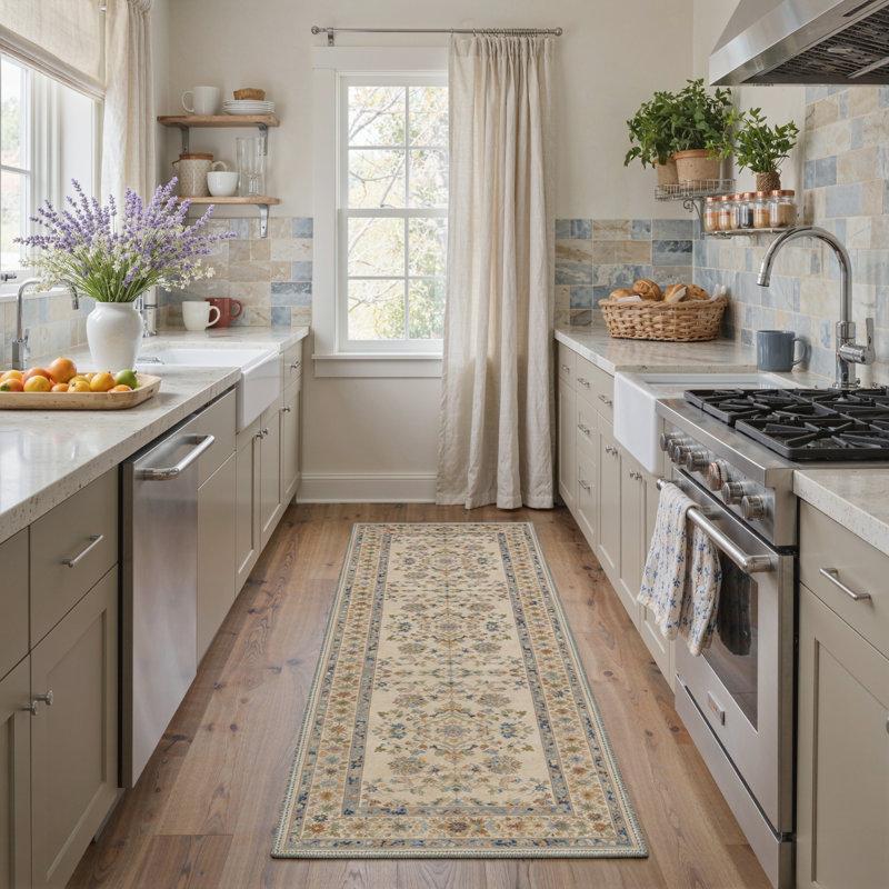 Allsop Verdant Floral Machine Washable Blue / Green / Beige Indoor Area Rug with Non-Slip Backing, Runner 2' x 7'