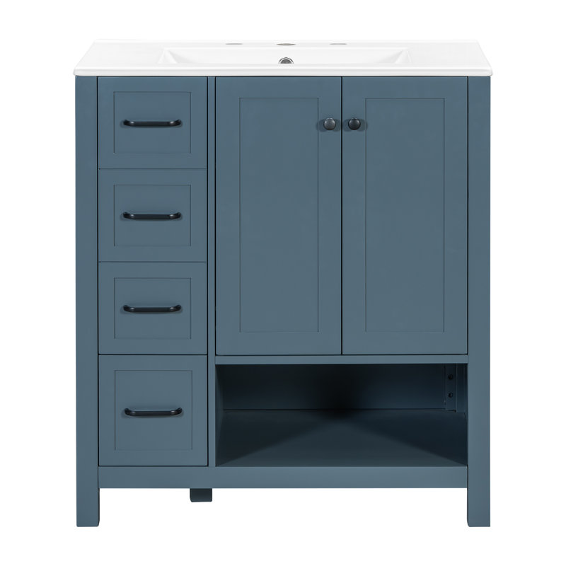 30" Bathroom Vanity with Integrated Ceramic Sink Top Solid Wood & MDF Modern Shaker Cabinet Black/White/Grey/Blue-Grey
