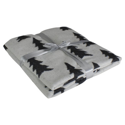 White Knit Christmas Throw Blanket with Black Trees 55" x 63"