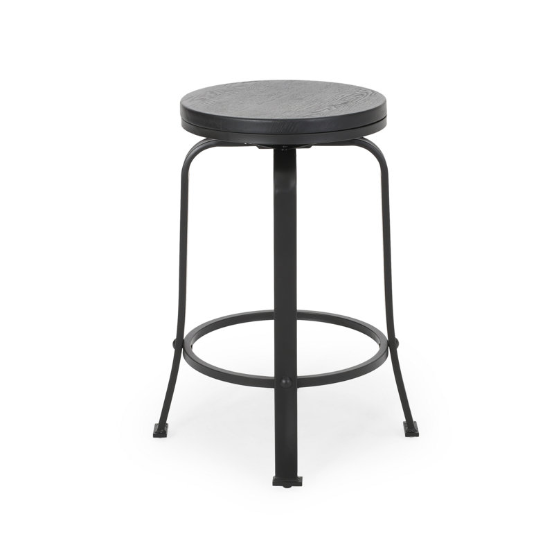 Ensemble de 2 tabourets de comptoir pivotants Lni, siège en faux bois avec métal noir incurvé