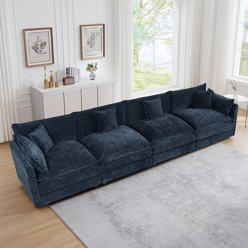 Canapé en chenille moderne, H 33,85 po x l 147,22 po x P 35,82 po, 4, Bleu