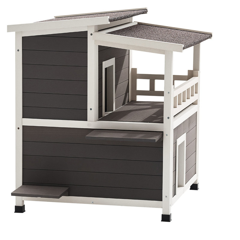 Maison pour chat isolée en bois - Abri pour chat extérieur de 2 étages avec balcon et isolation en mousse pour l'hiver