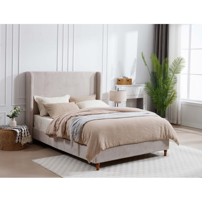 Albree Hoppe Modern Upholstered Platform Bed With Wingback Headboard, Ivory Canvas, King