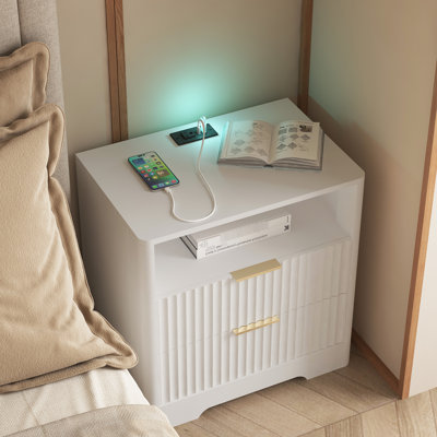 Table de chevet intelligente avec fonction de chargement et de nuit, blanche, 23,78 po de hauteur, solution de rangement pour la chambre à coucher