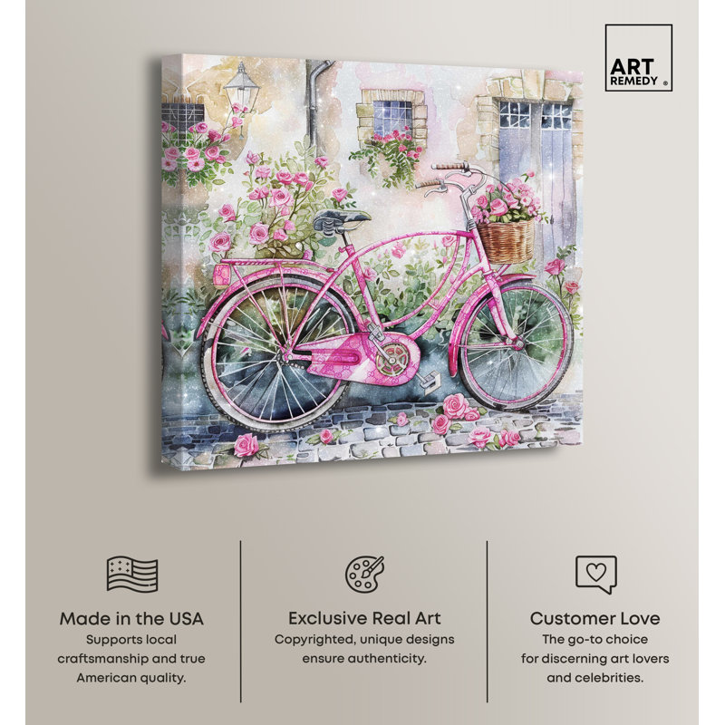 Glam Pink Bicycle with Roses Canvas Wall Art, 24" x 24"