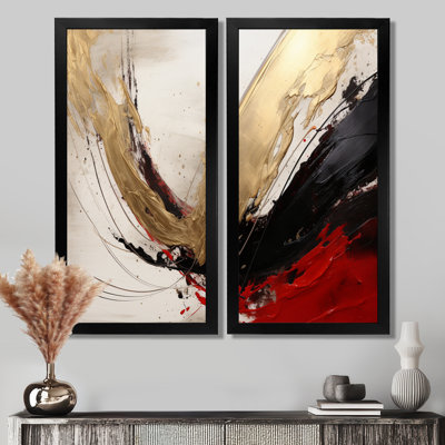 «Midnight Passion Abstract Wave Scarlet & Gold», reproduction d'art sur toile, décoration murale abstraite dorée 2 pièces