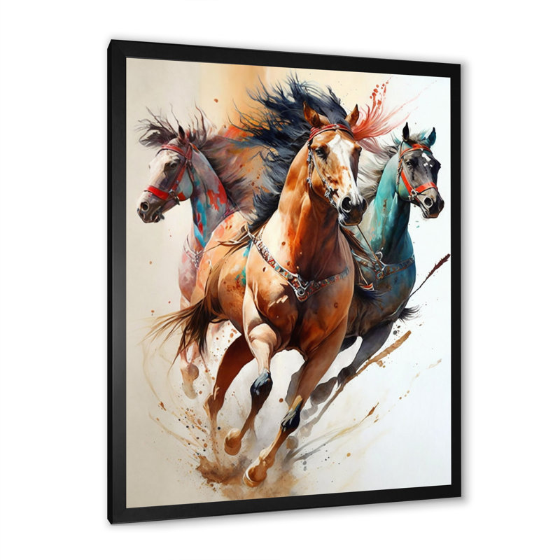Troupeau de chevaux qui courent III - reproduction sur toile, L 12 po x H 20 po, Impression noire sur toile encadrée