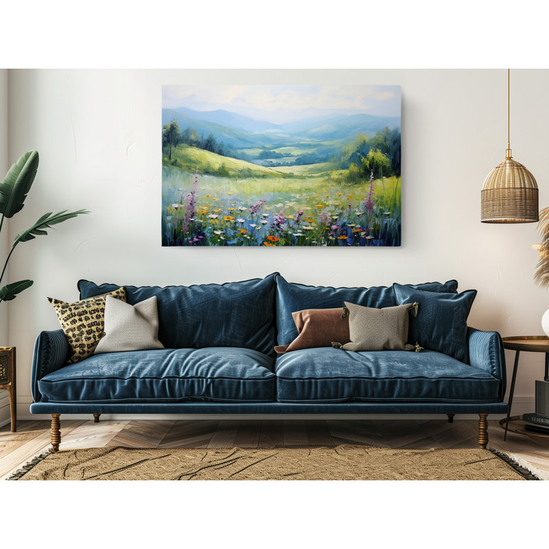 Reproduction d'art sur toile, peinture à l'huile de champ d'herbe avec fleurs, décoration murale moderne pour la maison et le bureau