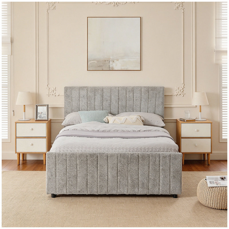 Lit double tapissier pleine grandeur à rayures verticales avec dossier haut rembourré, lit gigogne caché simple ou double pour chambre à coucher et chambre d'amis, chenille