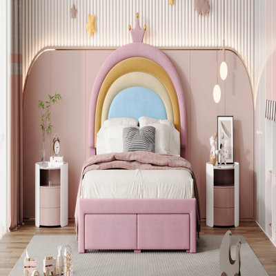 Full Size Upholstered Rainbow Design Bed, Velvet Princess Platform Bed with Storage Drawer, No Box-spring Needed,Colorful&Pink