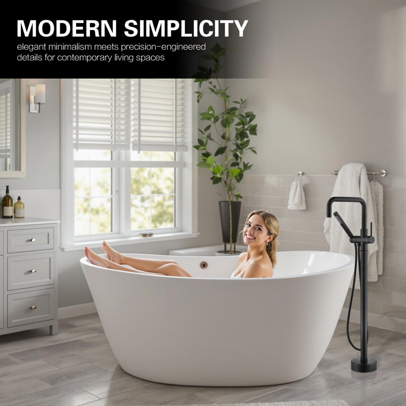 Freestanding Floor Mounted Bathtub Faucet With Hand Shower & Adjustable Tub Filler - S2154F, Finish, Brass Construction