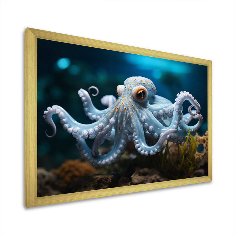 Blue Octopus Serene submersion - impression, Cadre doré simple, H 30 po x l 40 po x P 1,5 po