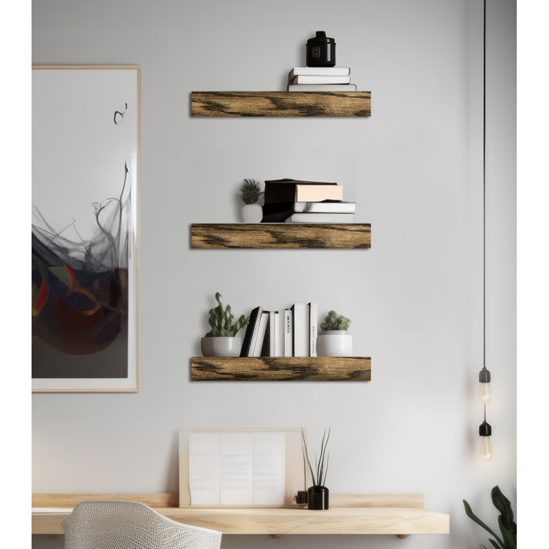 3 Piece Oak Floating Shelf, 3" H x 12" W x 4" D, Charcoal Black
