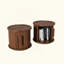 Ensemble de tables basses rondes 2 pièces, tables d'appoint gigognes modernes avec rangement à porte coulissante, table de bout et table de chevet pour canapé au fini noyer, avec tabouret décoratif à colonne romaine cannelée