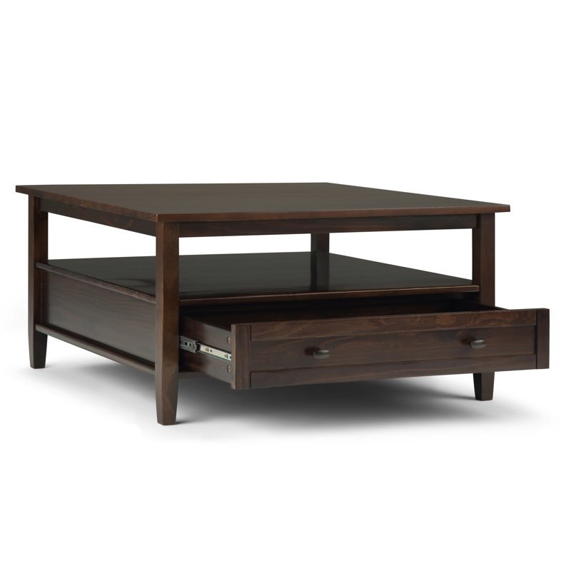 Table basse carrée transitionnelle en bois massif l 36 po avec grand tiroir de rangement et tablette ouverte Warm Shaker