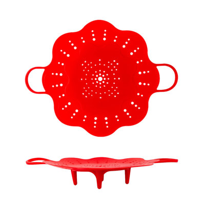 Grand panier à vapeur en silicone de 11 pouces avec poignées, antiadhésif, insert de vapeur flexible, pieds antidérapants, va au lave-vaisselle et au micro-ondes, pour boulettes, poisson, fruits de mer, légumes, nettoyage facile, (rouge)