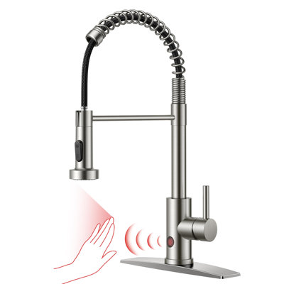Robinet de cuisine rétractable de 25,5 po avec capteur de mouvement, pour évier à un trou - sans contact, pulvérisateur à arc élevé et modes de jet / jet, nickel brossé, acier inoxydable 304 pour la cuisine, le bar et le véhicule récréatif