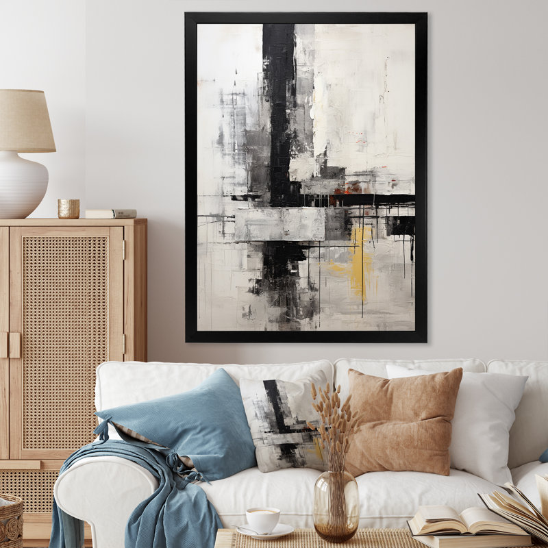 Abstrait beige et noir sur route - collage abstrait, impressions sur toile, Cadre simple noir, H 20 po x l 12 po x P 1 po