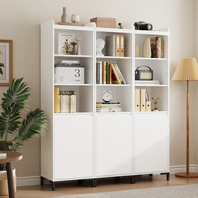 Modern Slim White Bookcase with Cabinet, 71" Freestanding Display Shelf with Metal Legs