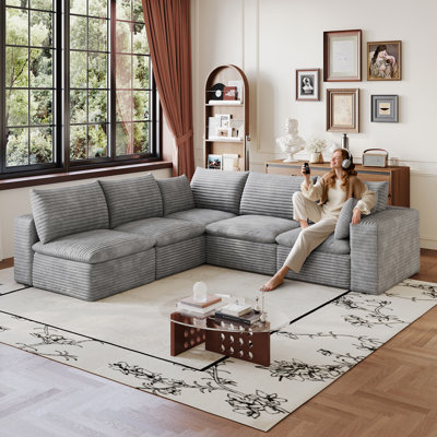 99*103" Cloud Sofa,Corduroy Fabric,Deep Seat Couches,Double-layer design,Removable  Cushion,No Assembly, DIY Combination for Living room, Bedroom,Conference room ,Apartment,Grey