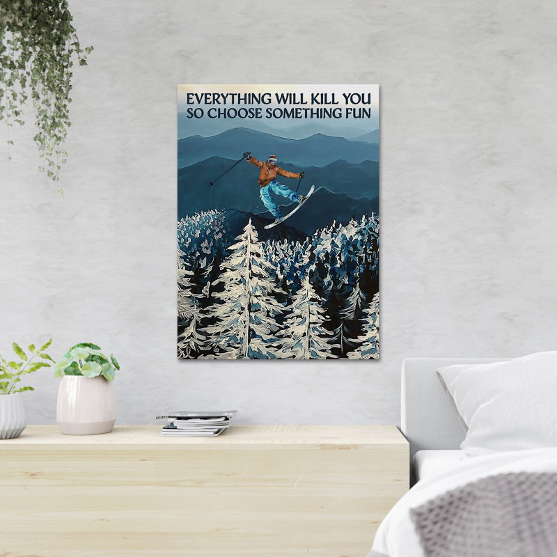«Man Skiing Over The Winter Forest» - Tout ce qui vous tue, donc choisissez quelque chose d'amusant - 1 pièce, impression d'art graphique rectangulaire sur toile tendue