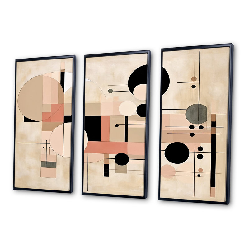 Cubisme beige et rose Synergy I - ensemble de décorations murales abstraites, Cadre flottant noir, H 32 po x l 48 po x P 1 po