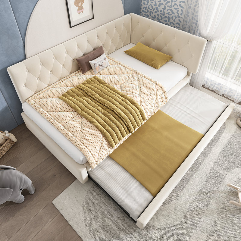 Platform Bed, Upholstered Bed with Pull-Out Bed, 3ft Single Sofa Bed, Beige