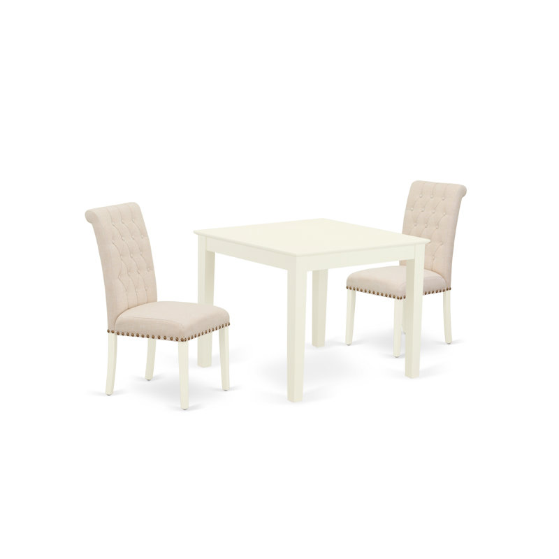 3 Piece Dining Room Furniture Set Contains a Square Dining Table and 2 Light Beige Linen Fabric Parsons Chairs, Linen White