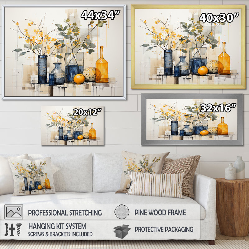 Bleu et jaune agrume Boho Pottery II - Boho Pottery, art mural, Cadre flottant doré, H 12 po x l 20 po x P 1 po